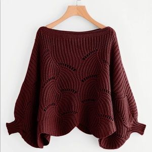 Eyelet detail dolman sleeve scalloped sweater